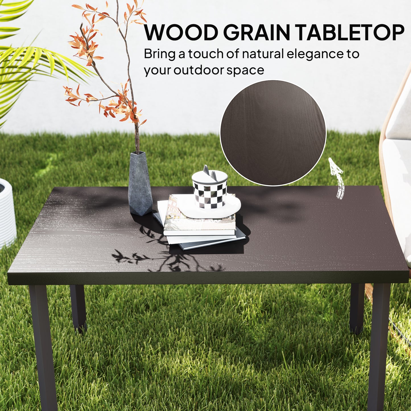 Outsunny Outdoor Metal Side Table, Rectangular Coffee Table with Faux Wood Top for Outdoor Garden, Brown 