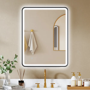 Bathroom mirror with LED lighting, wall-mounted, 3 colors, dimmable, horizontal/vertical format, black