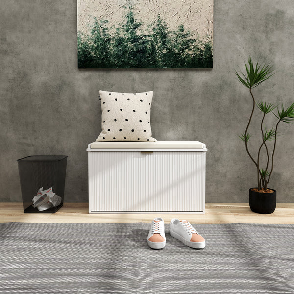 Banc d'entrée avec assise rembourrée et tiroirs rabattables avec rangement pour 8 paires de chaussures, blanc