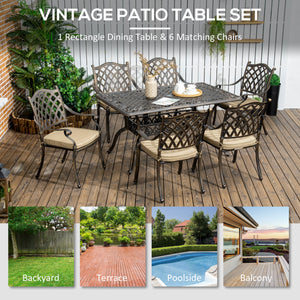 Ensemble de salle à manger de jardin 7 pièces en fonte avec 6 chaises rembourrées et table à manger rectangulaire, kaki