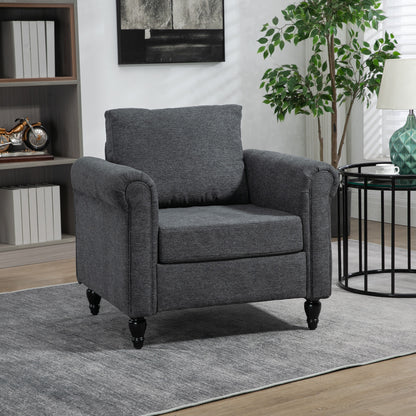 Vintage upholstered armchair with rolled armrests, rubberwood legs, dark gray