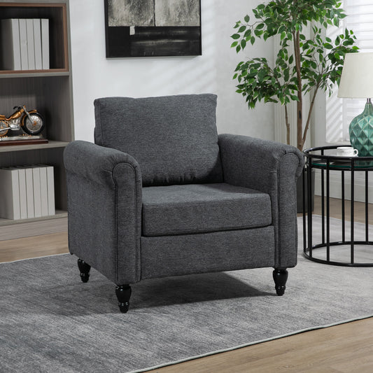 Vintage upholstered armchair with rolled armrests, rubberwood legs, dark gray