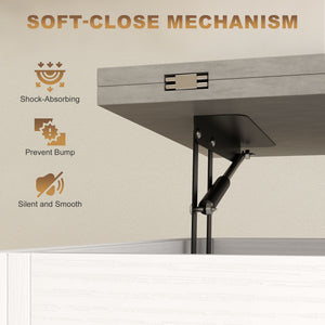 Table basse relevable avec double plateau ajustable, rangement caché et 2 tiroirs – Blanc et gris ciment