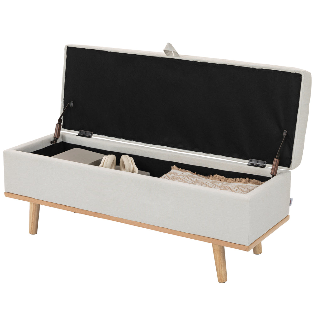 Banc ottoman de rangement avec couvercle relevable et pieds en bois, blanc crème