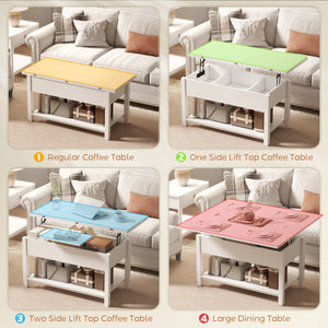 Table basse relevable extensible avec double plateau et rangement intégré, blanc