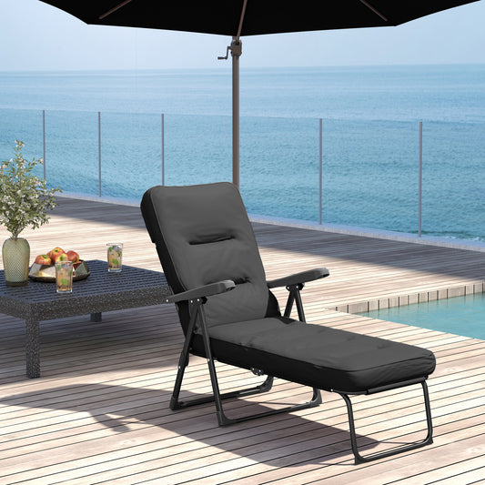 Chaise longue pliante avec coussin, dossier réglable avec repose-pieds, noir
