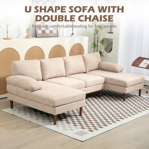 U-shaped sofa with double chaise longue, modern 4-seater sofa with wooden legs, beige