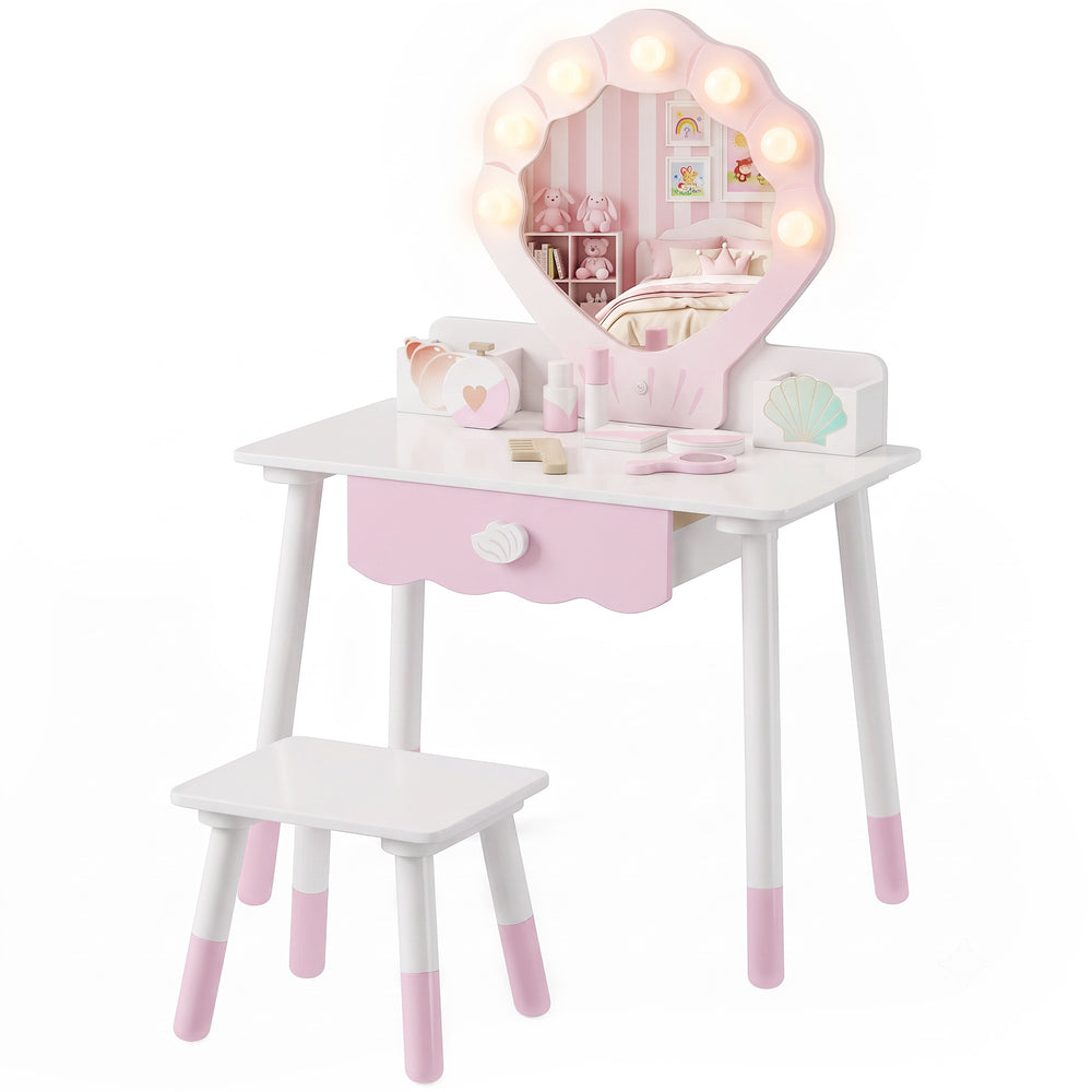 Coiffeuse pour enfant avec miroir lumineux, tabouret et 7 accessoires, rose