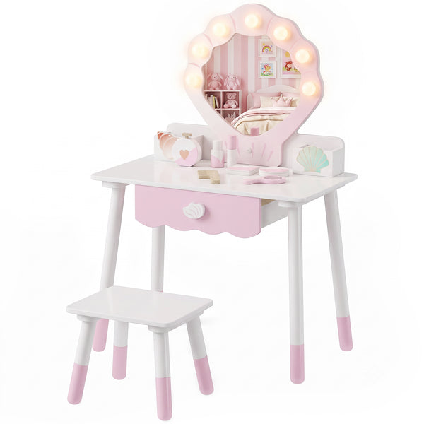 Coiffeuse pour enfant avec miroir lumineux, tabouret et 7 accessoires, rose