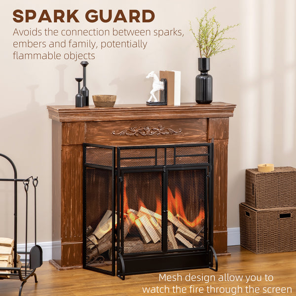 Decorative 3-panel steel mesh fire screen with double doors, black