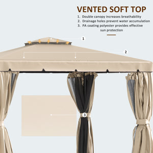 Gazebo 10 x 10 avec de jolis rideaux et des stores en maille, beige