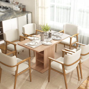 Table de salle à manger extensible pour 4 à 6 personnes avec 6 étagères ouvertes, en bois naturel.