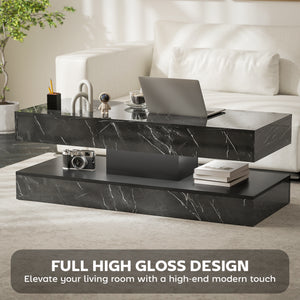 Coffee table with adjustable LED lighting, 2 drawers, open shelf, remote control, glossy black marble effect finish.
