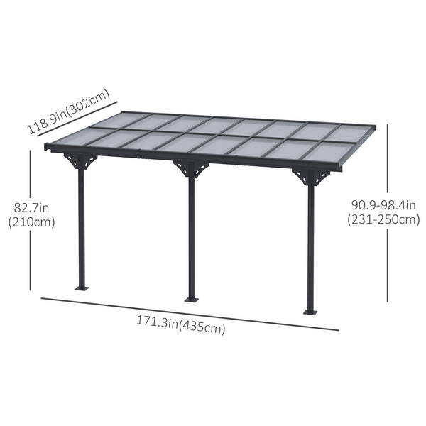 Pergola 14' x 10' avec toit rigide en polycarbonate, hauteur réglable, cadre en aluminium, protection UV, gris