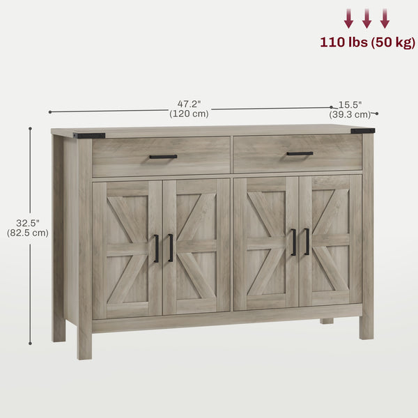 Meuble d'appoint style ferme avec 2 tiroirs et étagères, gris