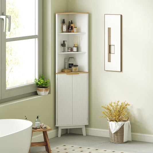 Meuble de salle de bain 170 cm de haut, meuble de rangement étroit avec profil incurvé et étagères réglables, blanc