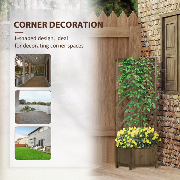 Raised wooden planter with trellis for climbing plants