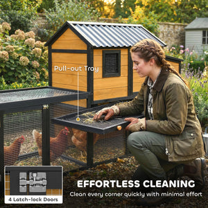 Large wooden chicken coop with run, nesting box, pull-out tray, waterproof roof, and access ramp.