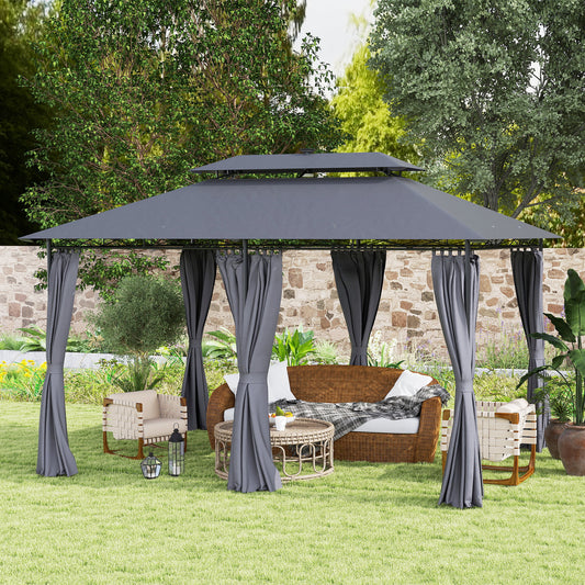 Outsunny 10' x 13' Outdoor Gazebo with Curtains and Solar Powered LED Lights, Double Roof Patio Shelter