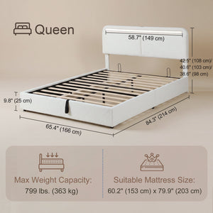Cadre de lit Queen Size avec station de recharge, éclairage LED, tête de lit réglable, blanc
