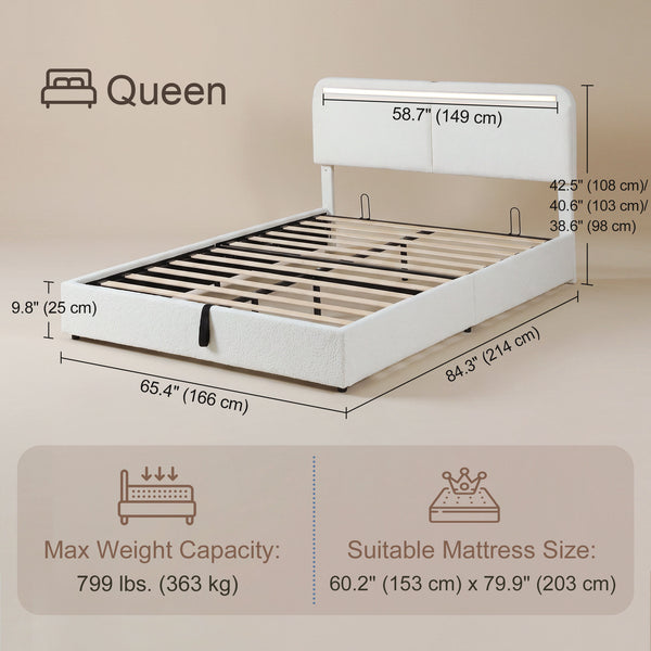 Cadre de lit Queen Size avec station de recharge, éclairage LED, tête de lit réglable, blanc
