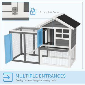 49" Weatherproof Wooden Rabbit Hutch With Slant Roof And Screened Outdoor Run, Grey
