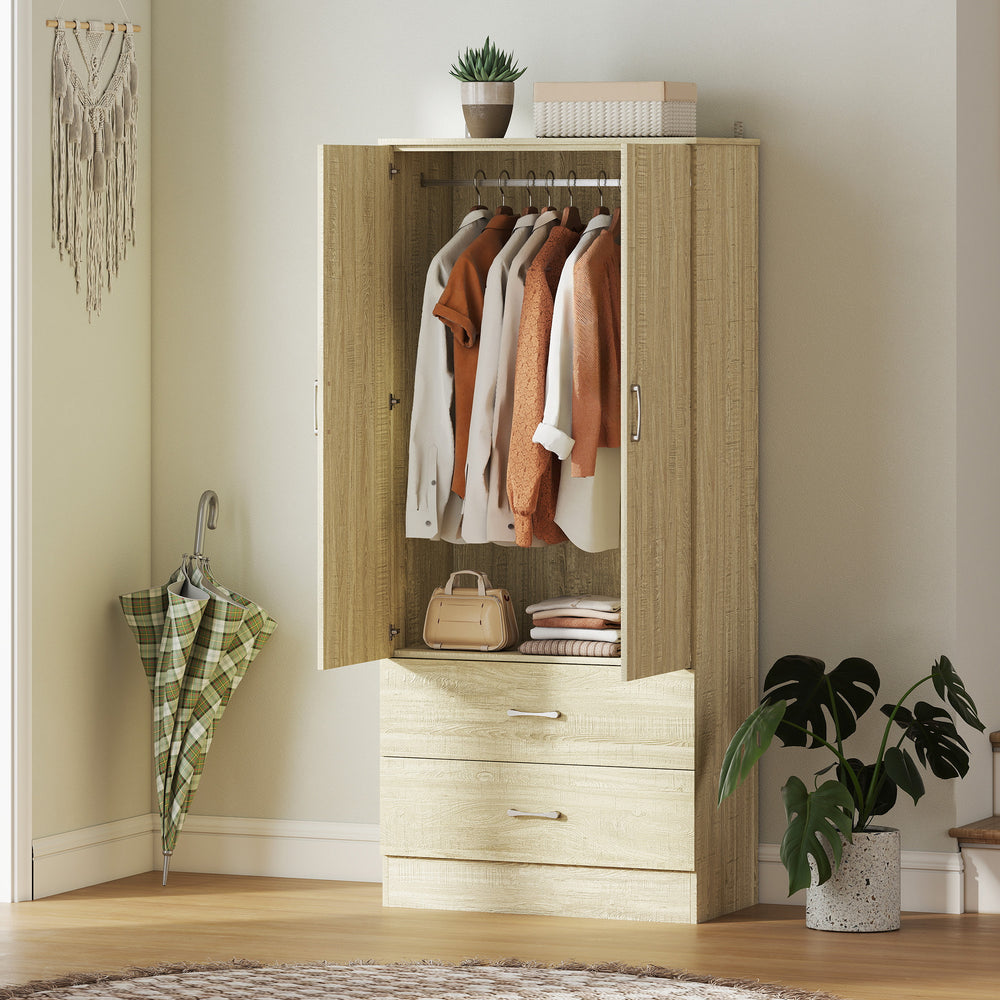 Armoire penderie avec tringle de suspension et 2 portes, rangement pour vêtements avec 2 tiroirs, chêne