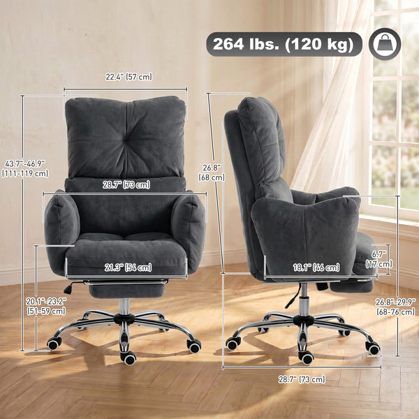 Office Chair with Foot Rest, Ergonomic Reclining Computer Gaming Chair w/ Snow Flannel Fabric, Thick Cushion, Dark Gray