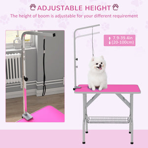 Foldable Grooming Table with Height Adjustable Grooming Arm and Storage Shelf, Pink