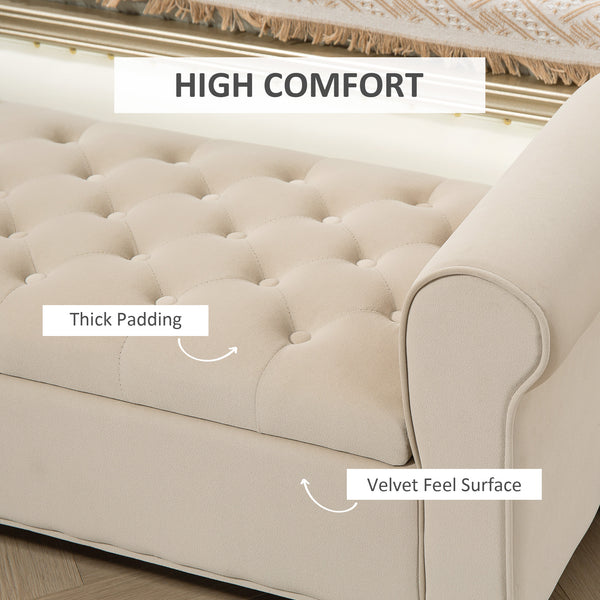 50 Inches Storage Ottoman, Upholstered Bedroom Bench with Rolled Arms and Button Tufted Storage, Beige