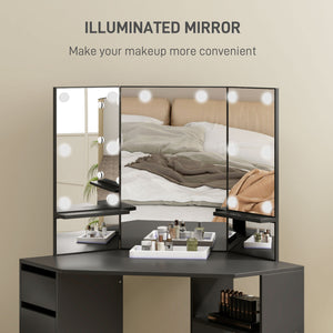 Coiffeuse avec miroir à 3 panneaux et 10 lumières LED, noire