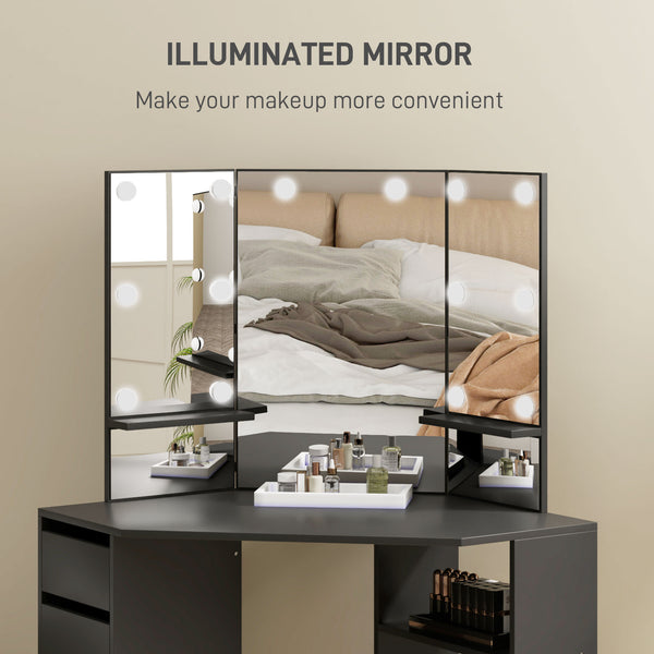 Coiffeuse avec miroir à 3 panneaux et 10 lumières LED, noire