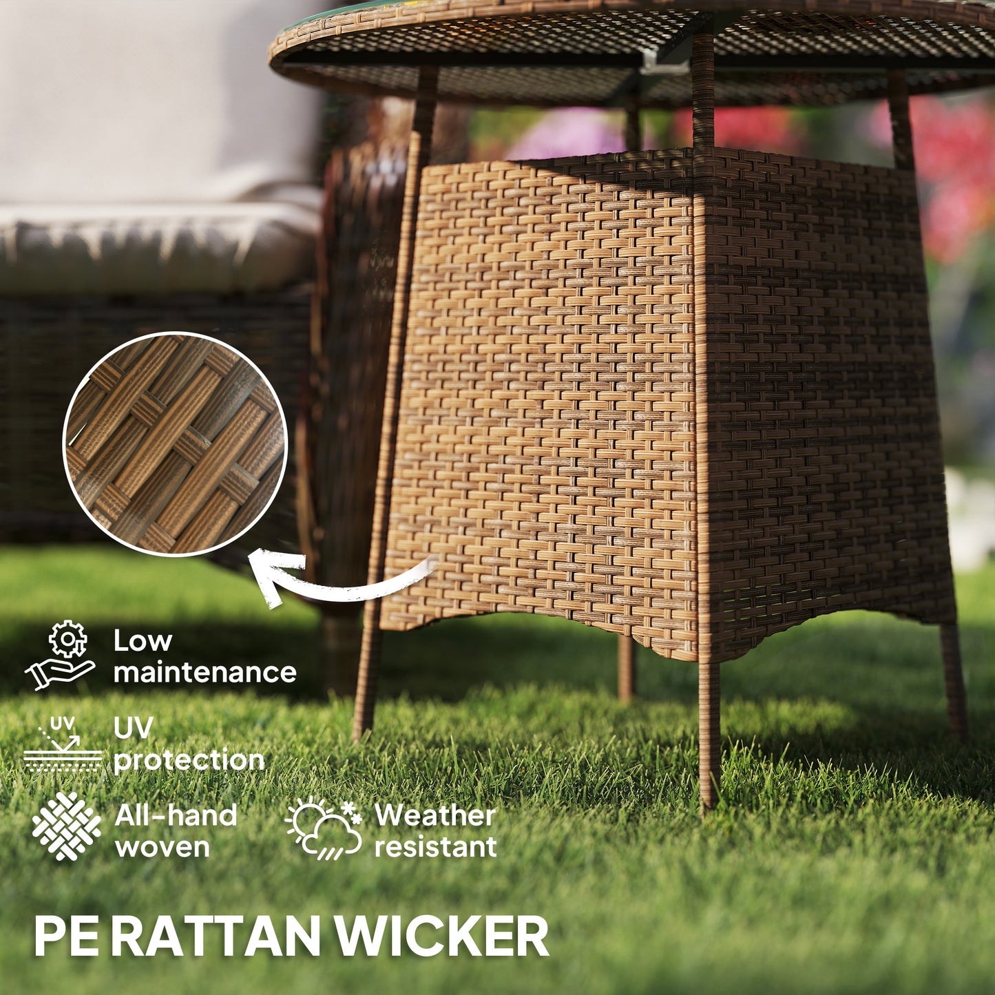 Table de jardin ronde avec trou pour parasol, table basse bistro avec plateau en verre trempé, marron