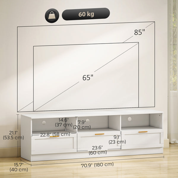 Meuble TV avec 3 armoires et 3 étagères ouvertes, pour téléviseurs jusqu'à 85 pouces, blanc