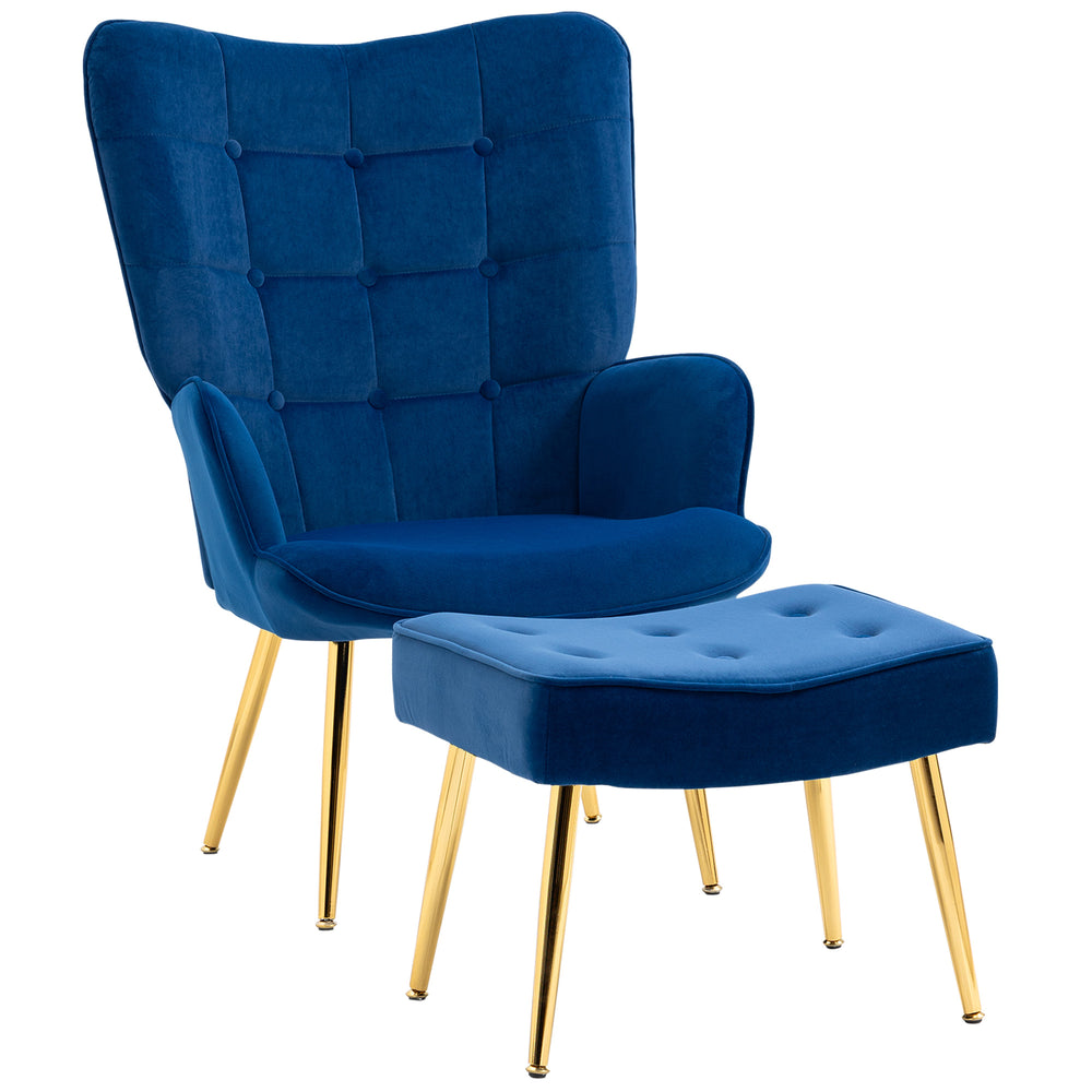 Fauteuil avec repose-pieds et pieds en métal doré, bleu foncé