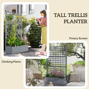 Galvanized raised planter with trellis for climbing plants and vegetables, grey wood look