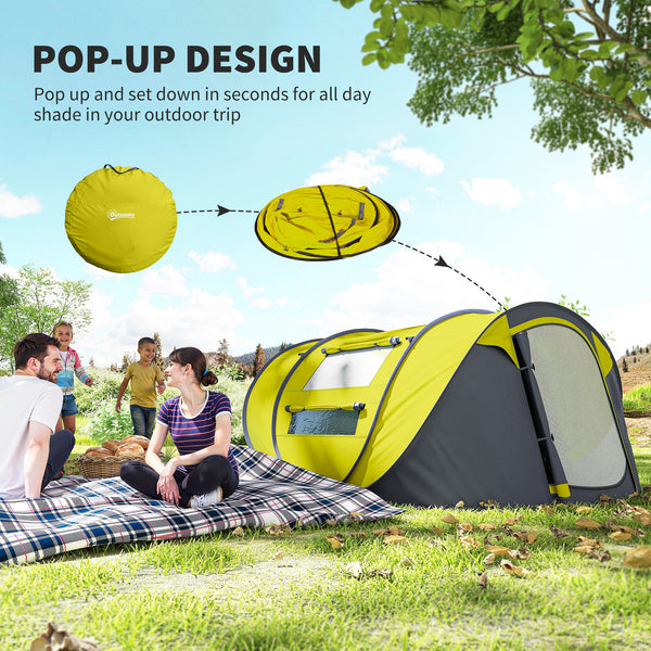 Tente de camping 4 personnes, montage instantané facile avec portes, fenêtres et sac de transport, jaune