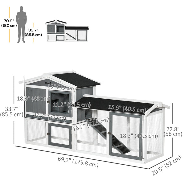 Wooden hutch with run, play tray, pull-out drawer, and ramp