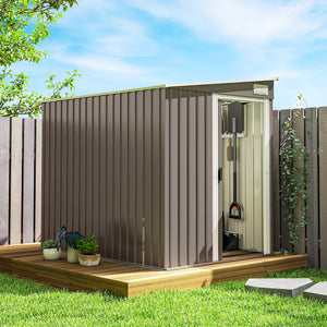Lean-to garden shed in galvanized metal with foundation, sliding door and 2 vents, light grey