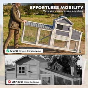 Mobile chicken coop on wheels with wooden run, nesting box, tray and access ramp