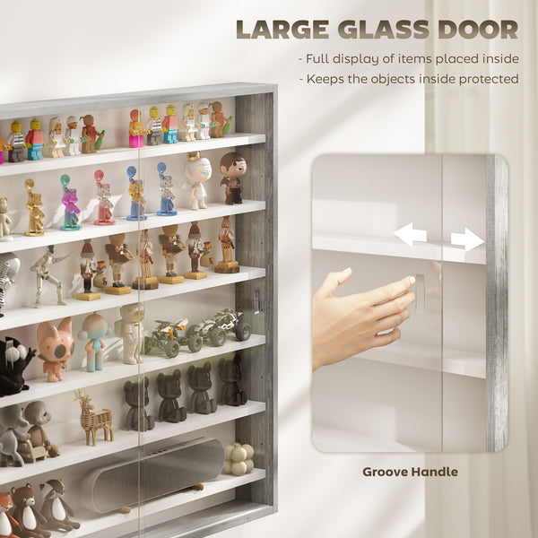 Vitrine à 7 niveaux en verre avec 2 portes vitrées et 6 étagères réglables, grise