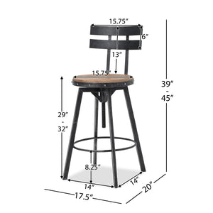 Tabouret de bar réglable en métal avec assise en bois, pivotant à 360°, noir antique