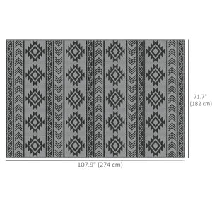 Tapis d'extérieur réversible pour patio, tapis en paille plastique 6' x 9' pour jardin, terrasse, plage, camping, noir et gris