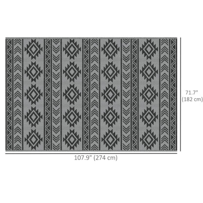 Tapis d'extérieur réversible pour patio, tapis en paille plastique 6' x 9' pour jardin, terrasse, plage, camping, noir et gris