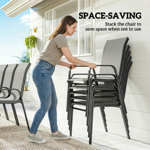 Ensemble de patio 9 pièces avec chaises empilables avec plateau en verre, gris clair