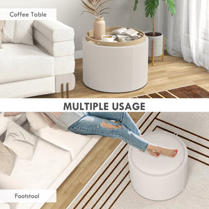 Table basse ronde avec rangement dissimulé et plateau rembourré en lin