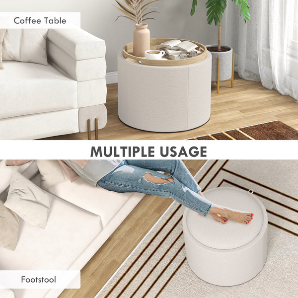 Table basse ronde avec rangement dissimulé et plateau rembourré en lin