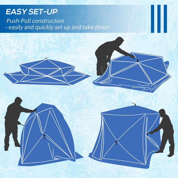 Insulated ice fishing shelter for 4 people, foldable with carry bag and two doors for temperatures down to -30°C, red
