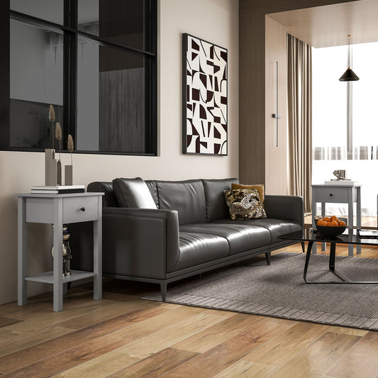 Lot de 2 tables d'appoint avec tiroir et étagère inférieure, table de chevet à 2 niveaux, salon, gris