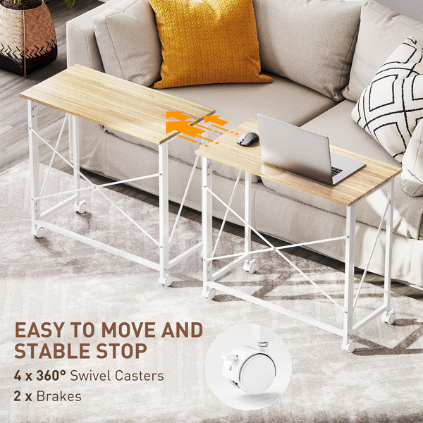 Bureau pliable compact sur roulettes pour petits espaces – Effet chêne et blanc